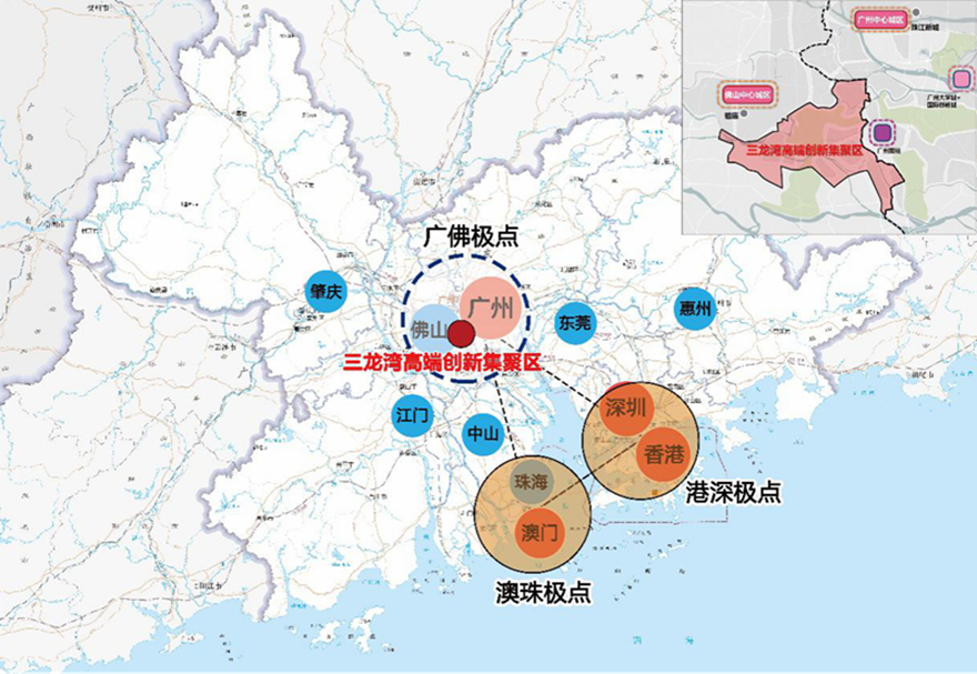 2021年2月，廣東省推進粵港澳大灣區(qū)建設(shè)領(lǐng)導(dǎo)小組正式印發(fā)了《佛山三龍灣高端創(chuàng)新集聚區(qū)發(fā)展總體規(guī)劃(2020—2035年）》。三龍灣將打造成廣東省推進粵港澳大灣區(qū)建設(shè)的重要發(fā)展平臺和珠江西岸創(chuàng)新極核，建設(shè)成為面向全球的先進制造業(yè)創(chuàng)新高地、珠江西岸開放合作標(biāo)桿、廣佛融合發(fā)展引領(lǐng)區(qū)和高品質(zhì)嶺南水鄉(xiāng)之城。圖為三龍灣區(qū)位示意。